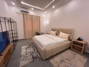 ein Schlafzimmer mit Bett und Flachbildfernseher in der Unterkunft Hotel La Roche in Brazzaville