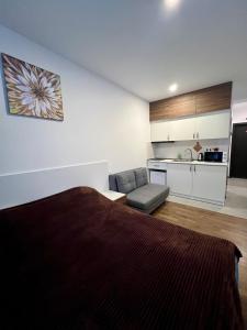 a bedroom with a large bed and a kitchen at Tribu Bakuriani in Bakuriani