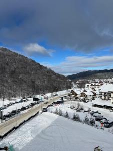 a parking lot covered in snow with cars parked at Tribu Bakuriani in Bakuriani