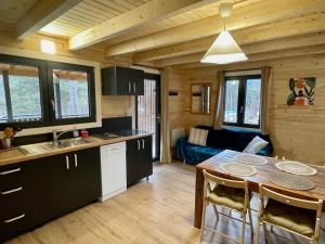 a kitchen and dining room with a table in a cabin at Chalet neuf proche des stations de ski in Saint-Pons