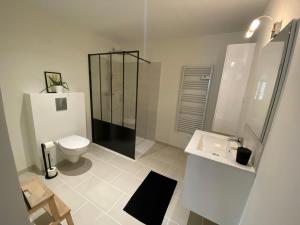 a white bathroom with a toilet and a sink at Studio Dour avec terrasse à proximité des plages in Étel