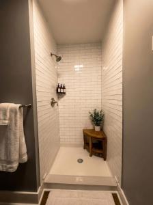 a bathroom with a shower with white tiles at Cozy unit King bed & laundry in Wilmington +4 photos