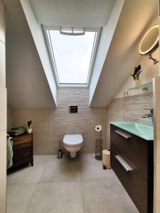 a bathroom with a toilet and a skylight at # Ausblick LübEck in Lübeck +5 photos