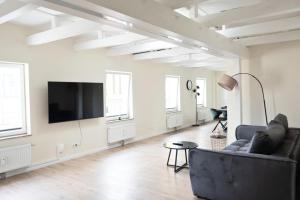 a living room with a couch and a flat screen tv at Hotel Colonnaden by O&N in Hamburg