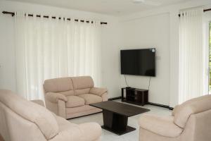 a living room with two chairs and a flat screen tv at Meadow Breeze in Kandy