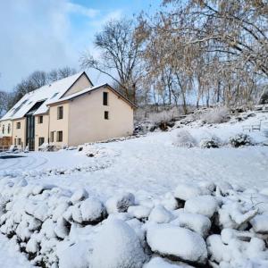 a snow covered yard with a house in the background at Gîte Ciel - 1-8 pers, au calme, à 20 mins du Puy-de-Dôme, Vulcania et le volcan de Lemptégy in Gelles