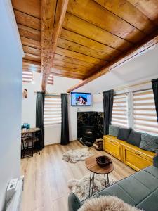 a living room with a couch and a table at EscapeTinyCabin by IezerVenture in Lereşti
