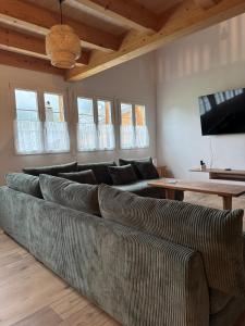 a living room with a couch and a flat screen tv at Chalet Gadmer Herz in Gadmen