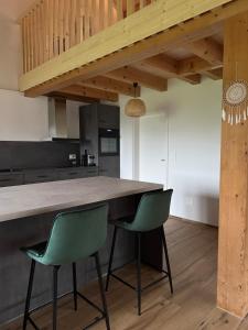 a kitchen with a large wooden table and two green chairs at Chalet Gadmer Herz in Gadmen
