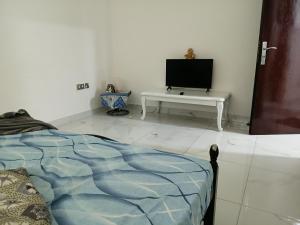 a bedroom with a bed and a tv on a table at Everest Stay in Abu Dhabi