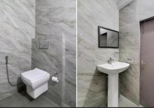 two pictures of a bathroom with a toilet and a sink at Fun Flock Stay in Mussoorie