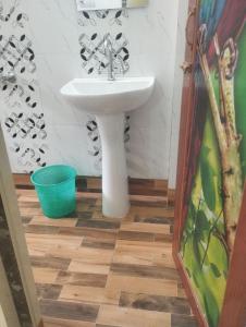 ein Badezimmer mit Waschbecken und Eimer in der Unterkunft Shriji in mayapur