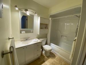 un bagno con lavandino, doccia e WC di Quartier Nomade ad Amos