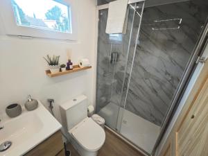 a bathroom with a shower and a toilet and a sink at Galamares Nest in Sintra +15 photos