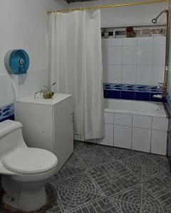 a bathroom with a toilet and a tub and a shower at Villablanca in Cuenca
