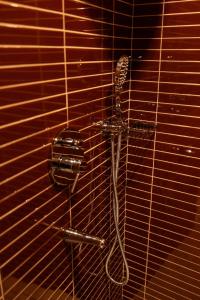 a shower with a blow dryer attached to a wall at Echoes of Thrace in Xanthi
