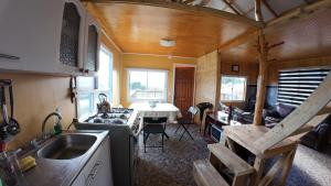 a kitchen with a sink and a stove in a room at Cabaña con tinaja Aucaco in Ancud