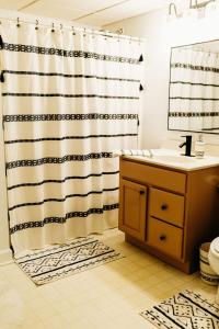 a bathroom with a sink and a shower curtain at Sol Sage Studio Downtown in Wilmington +31 photos