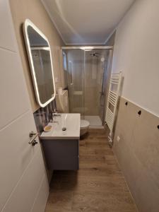 a bathroom with a sink and a shower and a toilet at Apartmani Tribunj Cvitan in Tribunj +32 photos