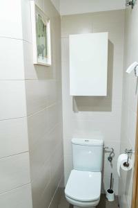 a white bathroom with a toilet and a shower at Piso en Antigua Casa de Correos in Molina de Aragón +14 photos