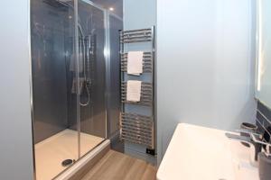 a bathroom with a shower and a toilet in it at St John's Hill Apartments in Shrewsbury