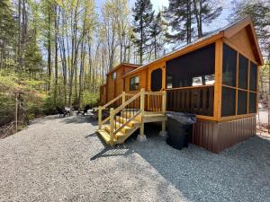 a large wooden cabin in the woods with two dogs at Cozy Coastal Cabin 1 in Steuben
