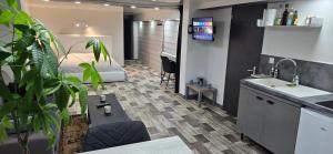 an office with a kitchen and a living room at hello dole in Dole