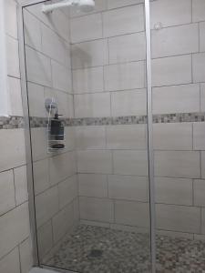 a shower with a glass door in a bathroom at DigiStay in Simonʼs Town +9 photos