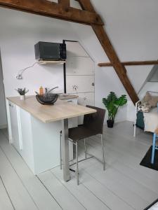 a kitchen with a table and chairs in a room at Le nid de Marceline in Lannion +8 photos