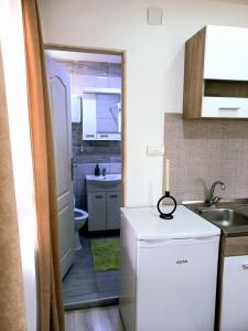 a small kitchen with a white refrigerator and a sink at Konak Jerma-Kanjon Jerme Pirot in Pirot +55 photos