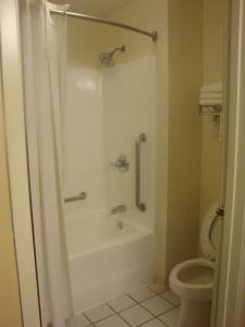 a bathroom with a shower and a toilet at Luxury Inn & Suites Troy in Troy