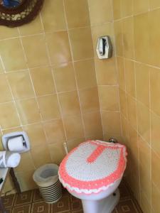 a bathroom with a toilet with a pink lid at Passarim Chalé in Monte Verde +10 photos