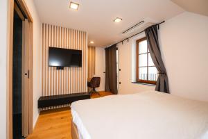 a bedroom with a bed and a tv on a wall at Vineyard Escape Herbersteinova klet in Juršinci