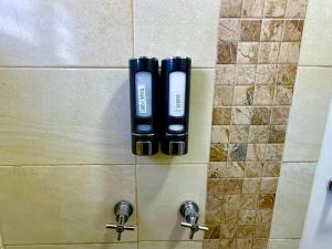 two blue and white bottles on the wall of a shower at Casa Marsella Privada y Moderna 1 in Zaragoza +25 photos