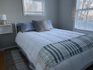 a large bed in a bedroom with two windows at Heron Cottage on Cayuga Lake in Aurora