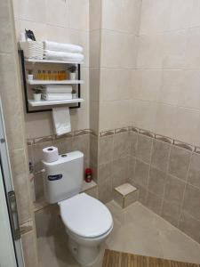 a small bathroom with a toilet and towels at River Garden House in Vidin +35 photos
