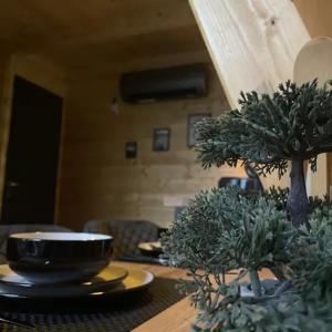 a table with a bowl and plants on it at Bambusz-Kabin in Bárdudvarnok