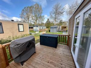 a deck with a black dresser and a house at Chalet Levy in Lauwersoog
