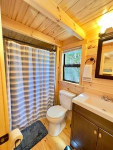 a small bathroom with a toilet and a sink at Cozy Coastal Cabin 3 in Steuben