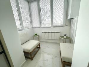 a white living room with a chair and windows at Max Apartment in Ocna-Mureşului