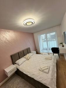 a bedroom with a large bed and a window at Sara Home in Baia Mare