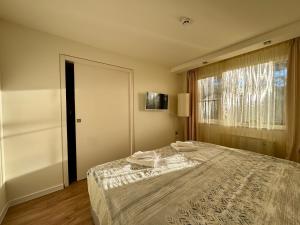 a bedroom with a bed and a large window at SPA Apartment Alex in Borovets +21 photos