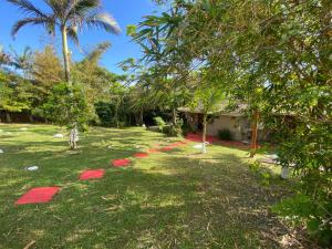 a yard with red stepping stones in the grass at Pousada Cantuá in Ilha do Mel