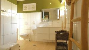 a bathroom with a toilet and a sink and a mirror at Haus Jonas in Tinnum +70 photos