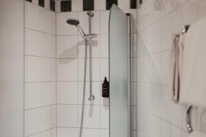 a shower with a glass door in a bathroom at Home Hotel Temperance in Malmö +123 photos