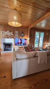 a living room with a white couch and a tv at Ferreirinha Valley in Vieira do Minho