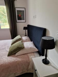 a bedroom with a bed and a table with a lamp at Villa Nelson Classée 3 étoiles in Moliets-et-Maa