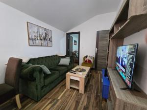 a living room with a green couch and a tv at Gintas Comfort in Podgorica +6 photos