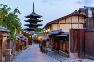 a street with some buildings and a pagoda at Heights Nagomi in Otsu