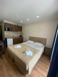 a bedroom with a bed with two pillows on it at Frostwood Residence Orbi in Bakuriani